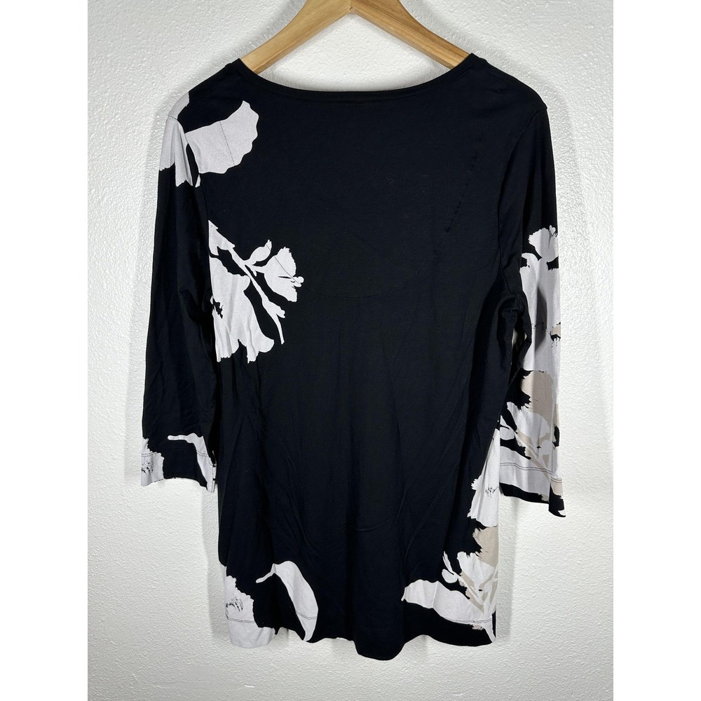 Chico's Blouse Womens Medium Black Floral V Neck 3/4 Sleeve Tunic Top‎ Jersey - Picture 2 of 8